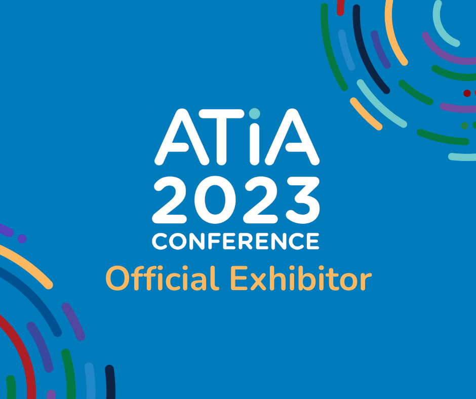 Bright blue background with white text that says ATIA 2023 Conference. Followed by mustard yellow text that says Official Exhibitor. Rounded, broken lines float around the corners in shades of grass green, aqua, royal blue, and mustard yellow.