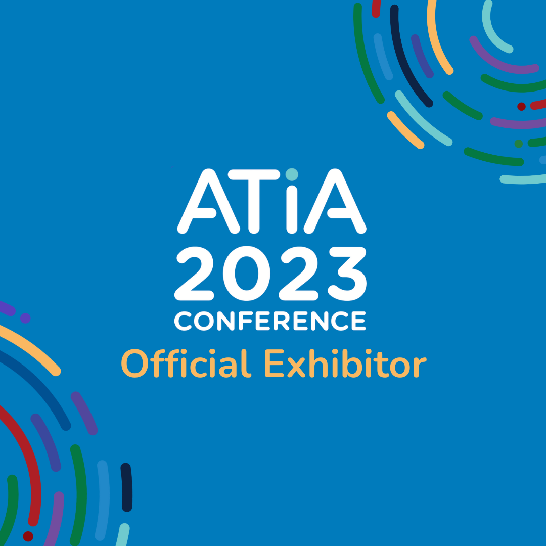 Bright blue background with white text that says ATIA 2023 Conference. Followed by mustard yellow text that says Official Exhibitor. Rounded, broken lines float around the corners in shades of grass green, aqua, royal blue, and mustard yellow.