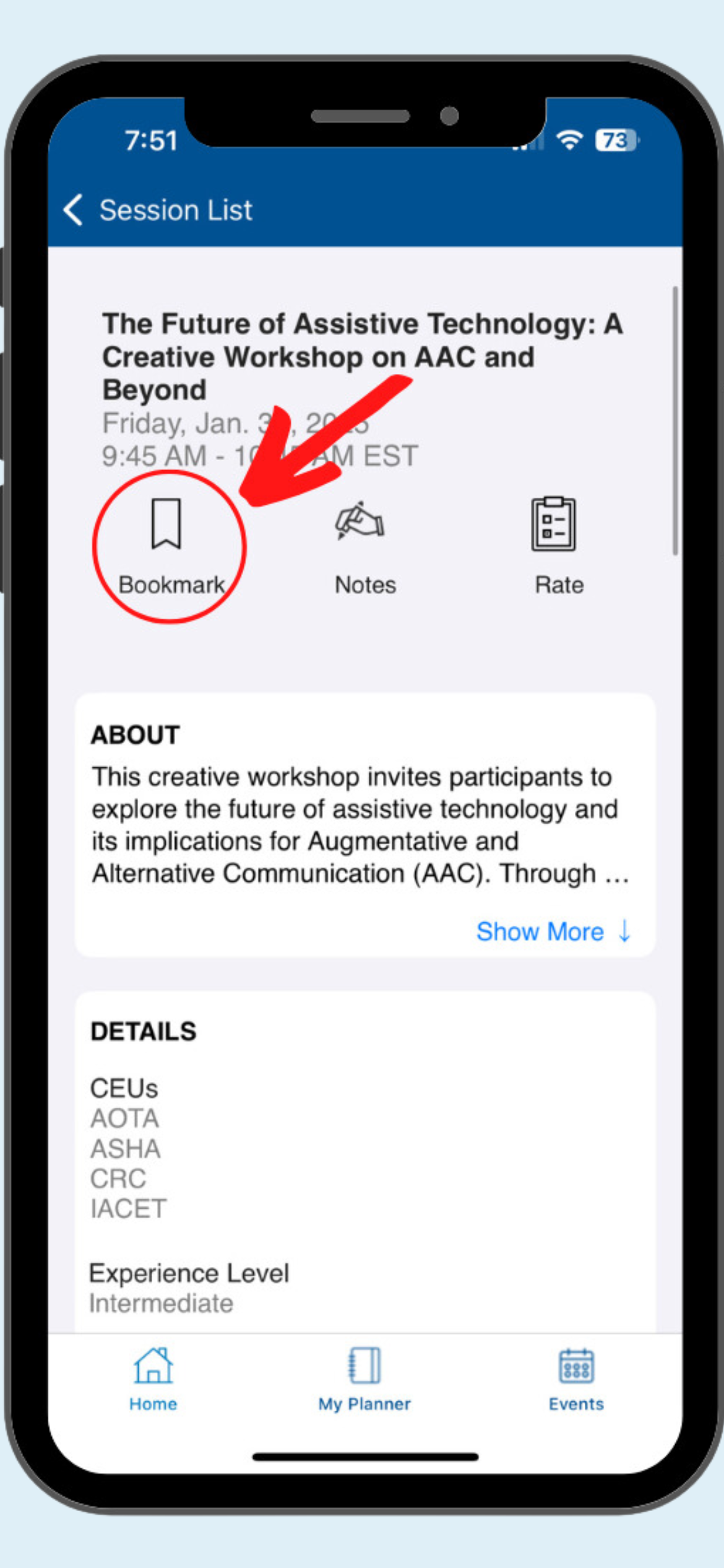 ATIA 2025 mobile app session page with the 