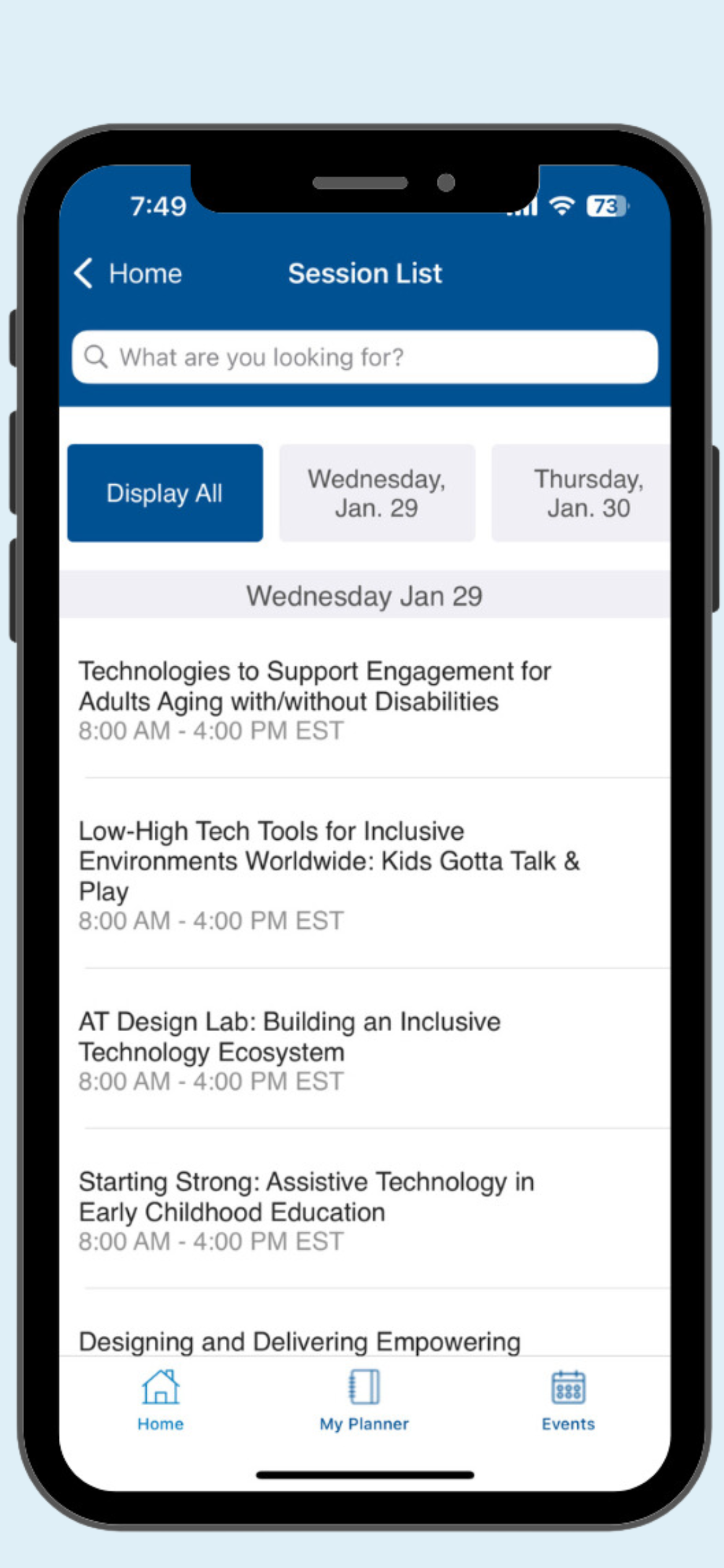 ATIA 2025 mobile app screen shot of session list page.