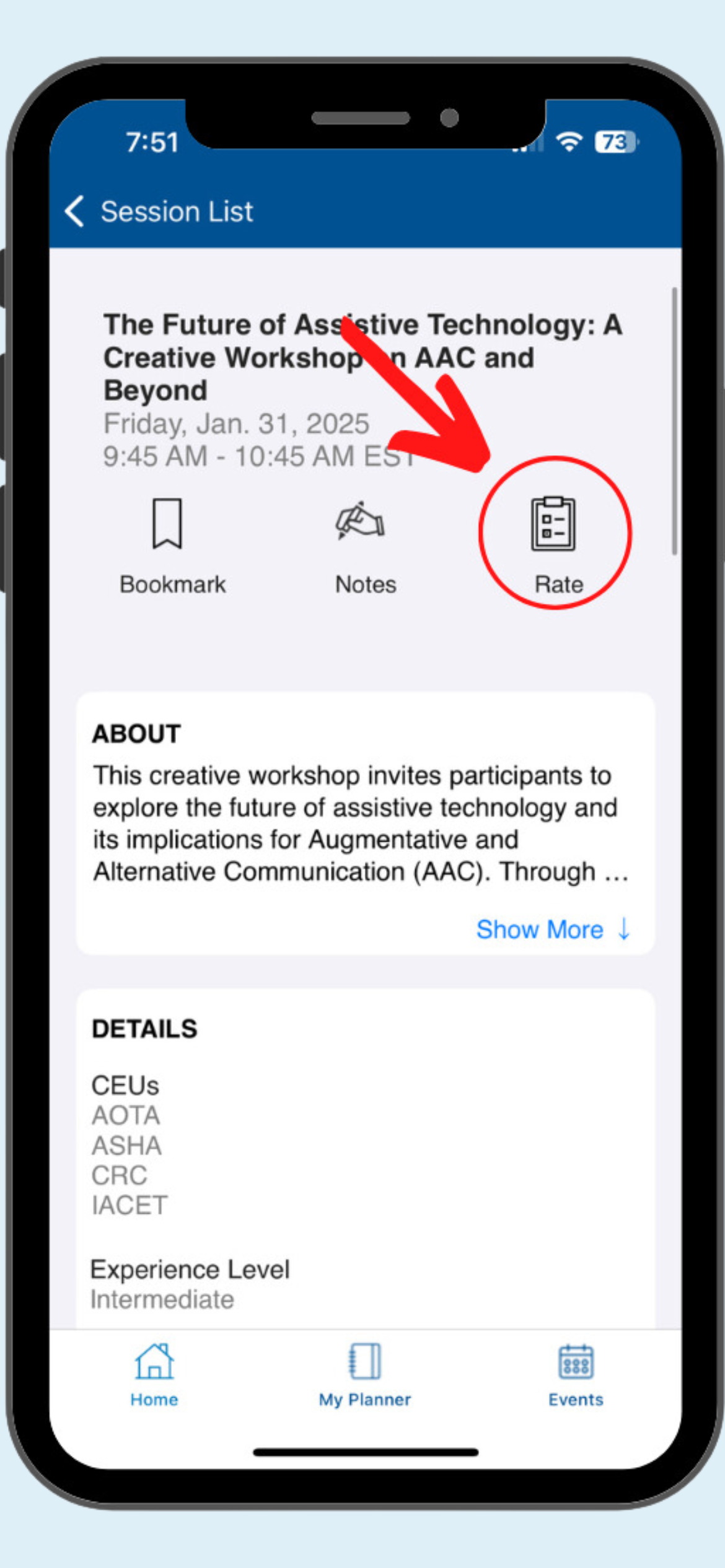 ATIA 2025 mobile app session screen with the 