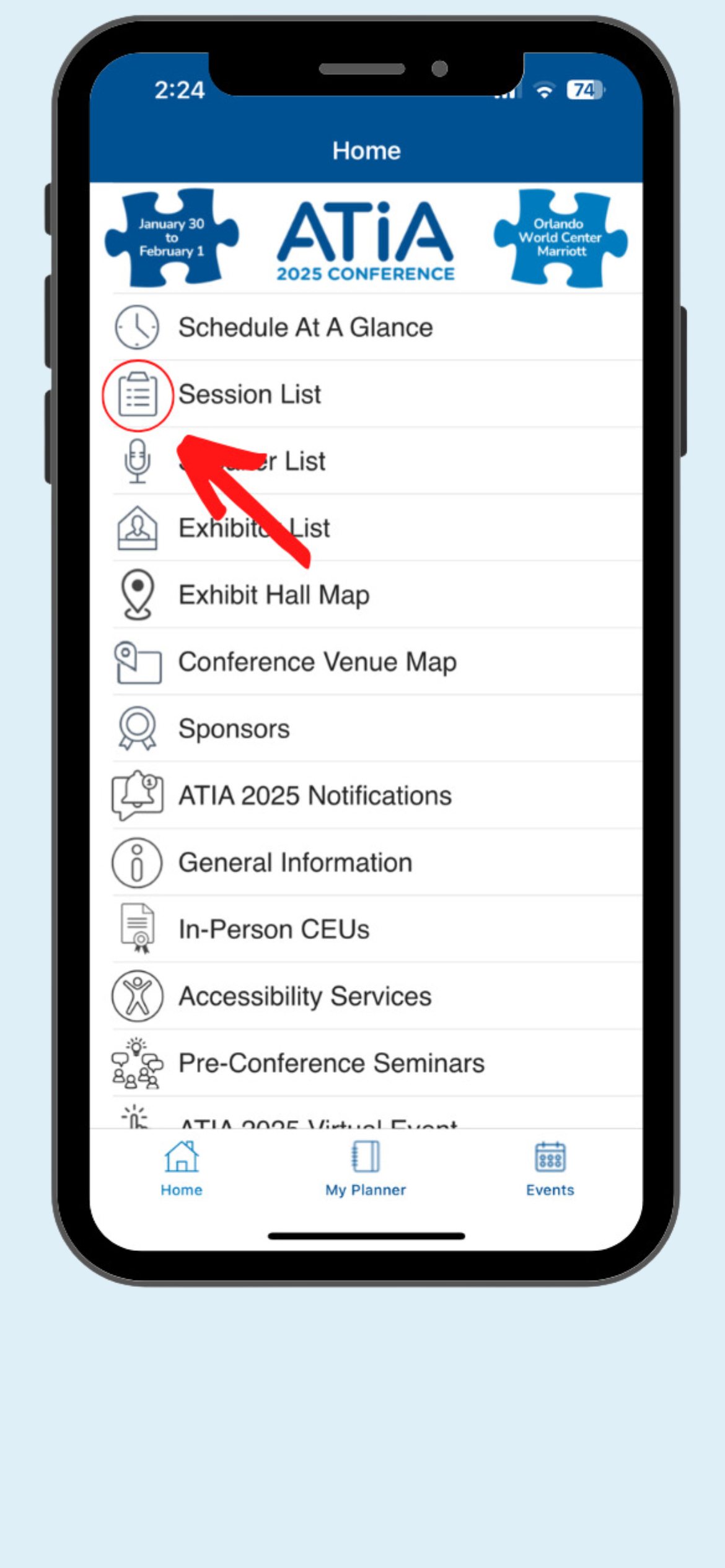 ATIA 2025 mobile app main navigation screen. A red arrow is pointing at the 